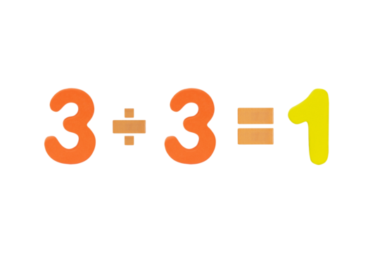 Three divide Three equals One Isolated on cut out PNG. Image of simple math addition operation for kids for education. Colorful wooden alphabets set sort. Add, subtract, multiply, divide.