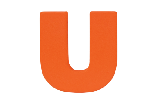 English alphabet letter uppercase "U" Isolated on cutout PNG. Wooden jigsaw dark orange tangram puzzle as shape "U". English. it is universal language used in learning education for children.	