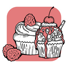 Sweet tasty dessert cupcake with cream and deco for morning breakfast in café or restaurant. Mini birthday cake for pleasure. Hand drawn colorful retro vintage illustration. Old style drawing.