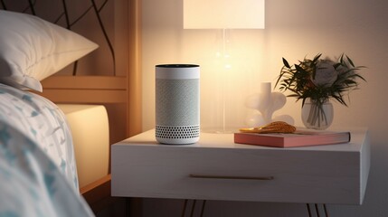 A white amazon echo device sits on a table in a bedroom Ai Generative