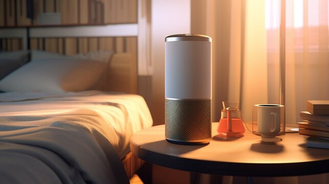 A white amazon echo device sits on a table in a bedroom Ai Generative