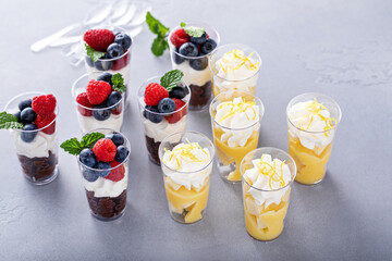 Variety of mini desserts in cups, lemon and chocolate desserts with whipped cream