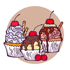 Sweet tasty dessert cupcake with cream and deco for morning breakfast in café or restaurant. Mini birthday cake for pleasure. Hand drawn colorful retro vintage illustration. Old style drawing.
