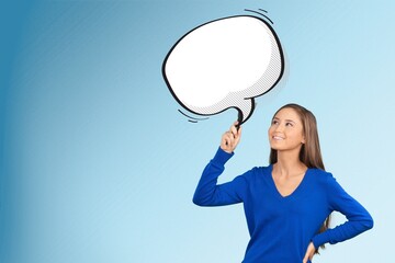 Speech bubble under woman head, social media