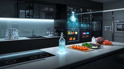 Em uma cozinha moderna e elegante uma exibição no balcão mostra uma variedade de utensílios de cozinha de alta tecnologia cintilando sob a luz suave da iluminação embutida - obrazy, fototapety, plakaty