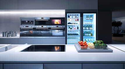 Em uma cozinha moderna e elegante uma exibição no balcão mostra uma variedade de utensílios de cozinha de alta tecnologia cintilando sob a luz suave da iluminação embutida - obrazy, fototapety, plakaty