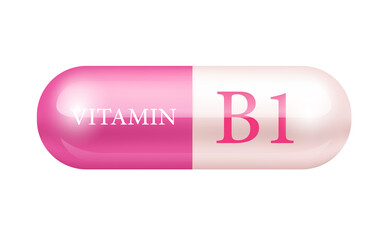 Capsule vitamin B1 structure Pink, white. transparent capsule pill. Drug business concept. Vitamin complex with chemical formula. Personal care, beauty. Isolated on cut out PNG.	

