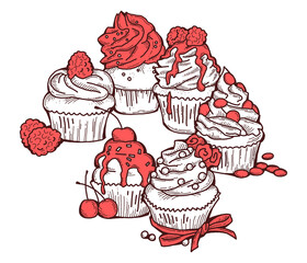 Sweet tasty dessert cupcake with cream and deco for morning breakfast in café or restaurant. Mini birthday cake for pleasure. Hand drawn colorful retro vintage illustration. Old style drawing.