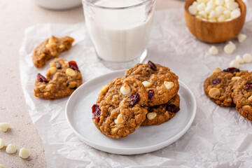 Cranberry and white chocolate cookies served with milk