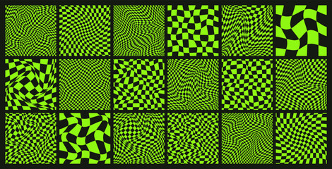 Trendy checkered pattern, black and green distorted tiled grid. Wavy curved backdrop, distortion effect. Funky geometric chessboard texture, retro background in 90s style, y2k. Vector illustration
