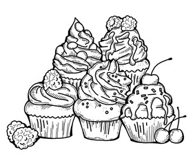 Sweet tasty dessert cupcake with cream and deco for morning breakfast in café or restaurant. Mini birthday cake for pleasure. Hand drawn colorful retro vintage illustration. Old style drawing.