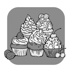 Sweet tasty dessert cupcake with cream and deco for morning breakfast in café or restaurant. Mini birthday cake for pleasure. Hand drawn colorful retro vintage illustration. Old style drawing.