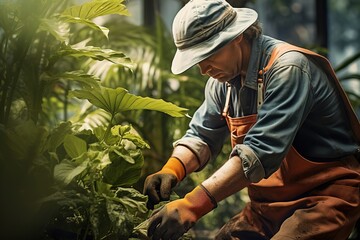 Man gardening working outdoors planting greenery sunny day spring flowers farmer vegetables agriculture