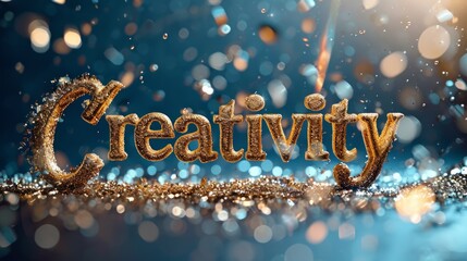 Golden Creativity concept creative horizontal art poster. Photorealistic textured word Creativity on artistic background. Horizontal Illustration. Ai Generated Ideas and Originality Symbol.