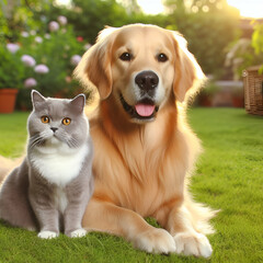Heartwarming Scene Capturing the Bond Between a Friendly Golden Retriever Dog & British Shorthair Cat Sit Huddling Relaxing Together on the Park Grass. Close Friendship & the Joy of Being Best Friends