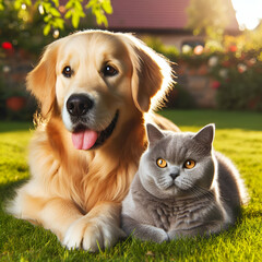 Heartwarming Scene Capturing the Bond Between a Friendly Golden Retriever Dog & British Shorthair Cat Sit Huddling Relaxing Together on the Park Grass. Close Friendship & the Joy of Being Best Friends