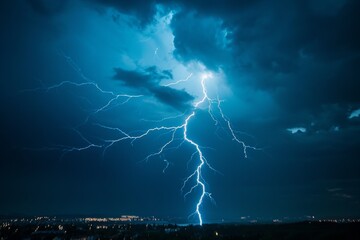 Lightning Strike from Thunderstorm Illuminating the Night Sky Over a City