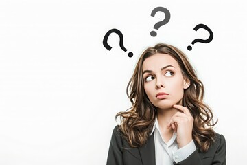 Businesswoman with Question Marks Overhead and Thoughtful Expression on White Background