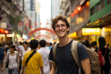 Male traveler enjoying the vibrant atmosphere of an Asian street market