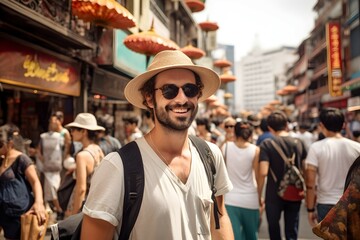 Fototapeta na wymiar Male traveler enjoying the vibrant atmosphere of an Asian street market