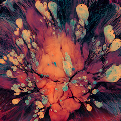 Vibrant, colorful and fluid abstract alcohol ink paint texture background. In a modern and contemporary style with shades of orange, cyan, black, yellow, blue