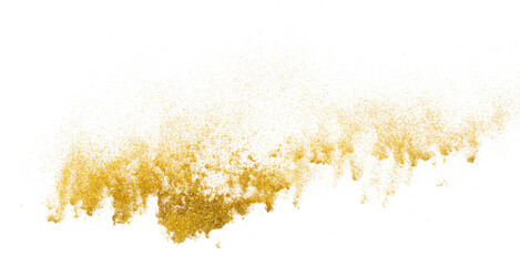 Gold metallic glitter sparkle explosion in air. Golden Glitter sand spark blink celebrate Chinese new year, fly throw gold glitters particle. White background isolated, selective focus Blur bokeh