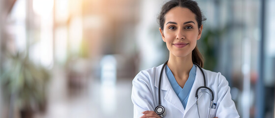 Confident Healthcare Professional in White Lab Coat: An Empowering Image of a Female Doctor Ready to Serve - obrazy, fototapety, plakaty