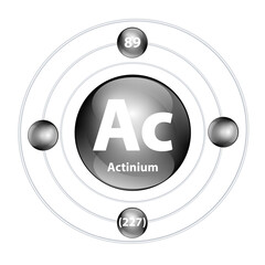 Icon structure chemical element Actinium (Ac) round shape circle black with surround ring. Period number shows of energy levels of electron. Study science for education. 3D Illustration vector. - obrazy, fototapety, plakaty