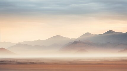 Fototapeta na wymiar Blurred Boundaries The fog blurs the contrast between the harsh desert and the distant mountains, creating a beautiful and surreal scene.