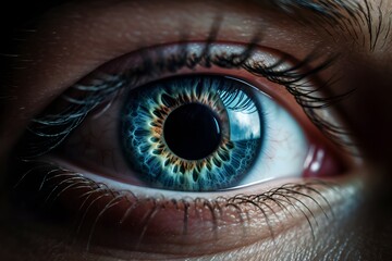 Beautiful human blue eye macro, iris details closeup.