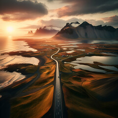 Ariel View of a Long Scenic Mostly Empty Curve Winding Line Dark Asphalt Countryside Street Road without Cars Driving in Iceland in a Beautiful Landscape, Misty Snow Volcanic Mountains & Sunset Coast  - obrazy, fototapety, plakaty