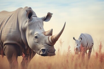 A rhinoceros and a zebra are standing in the grass. Generative AI. - obrazy, fototapety, plakaty