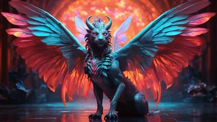 Fotobehang A strange creature angel and devil with wings dark horror surreal scene © DreamyStudio