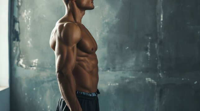Fit Man Posing Shirtless in Front of a Wall Showcasing His Healthy Generative AI