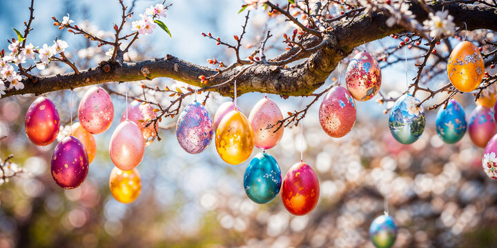Easter eggs hanging from a flowering spring tree branch, outdoor decor, wide banner