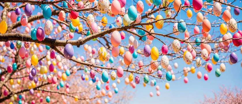 Easter egg ornaments hanging from a tree, outdoor decor, wide banner