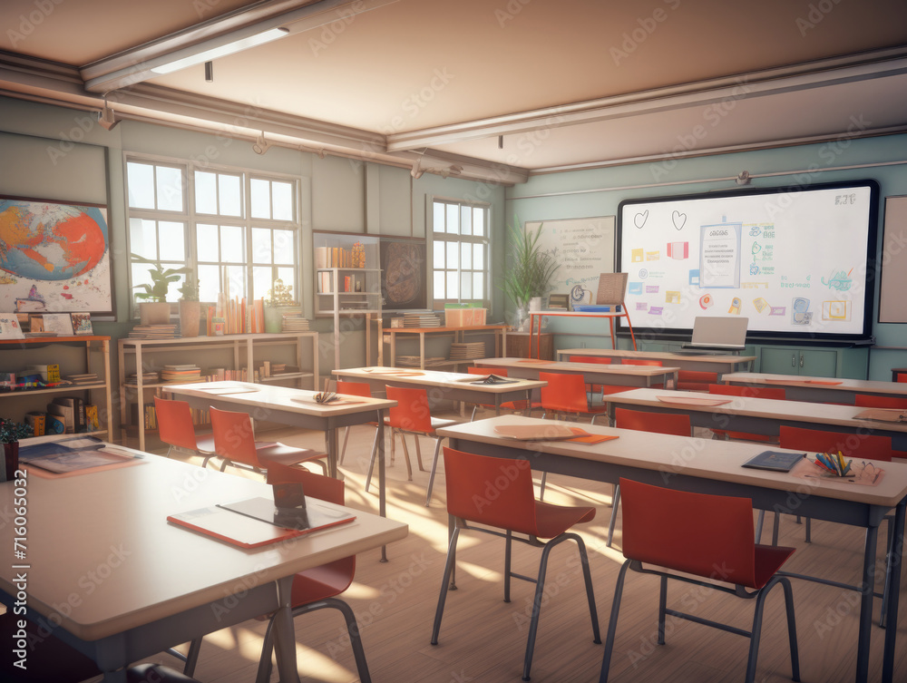 Aufkleber a classroom with desks and chairs in front of a large screen or a whiteboard. generative ai.