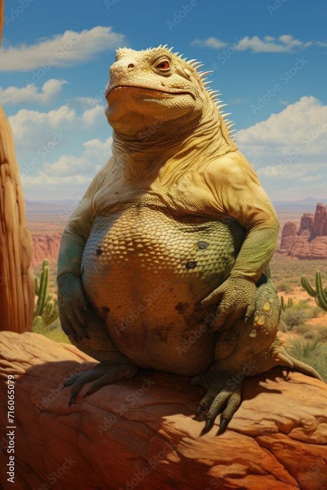 Poster a large lizard sitting on a rock in the desert. generative ai.