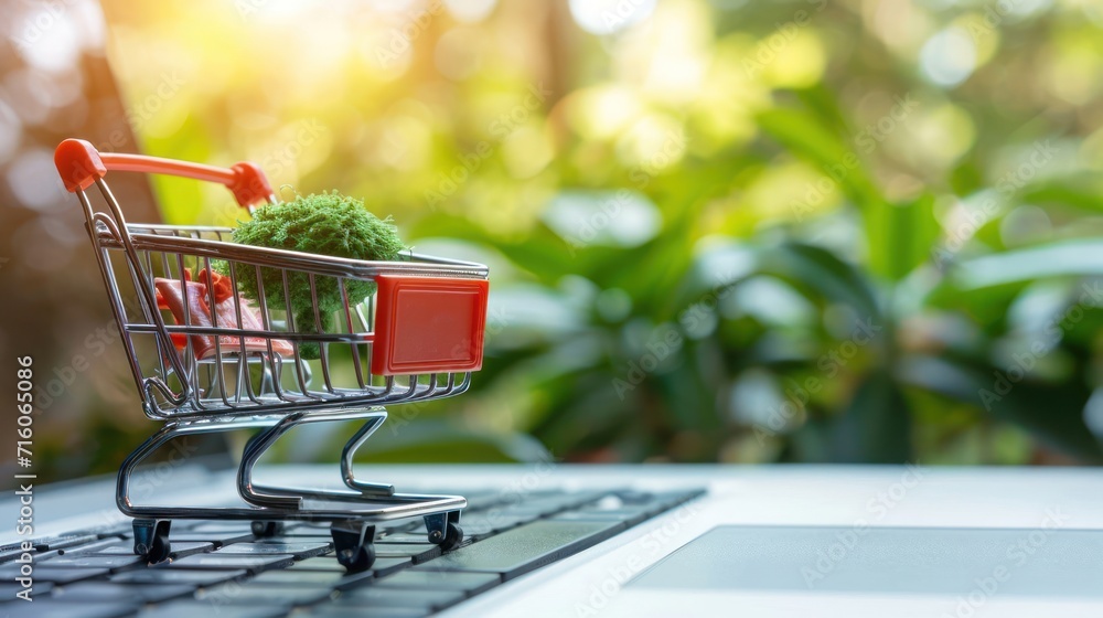 Poster online shopping shopping cart resting on laptop computer generative ai
