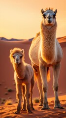 A camel and her baby standing in the desert. Generative AI.
