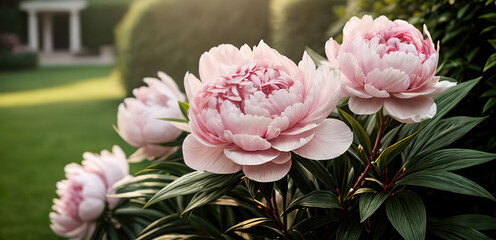 Light pink peonies planting groing floral beauty bitany agriculture wallpaper backgtound copy space