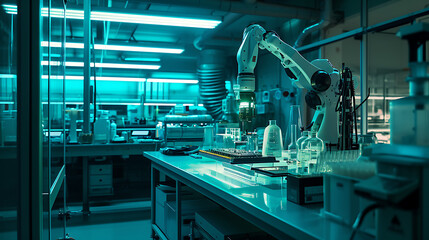 O laboratório futurístico estéril zumbindo levemente com o leve zumbido de maquinaria avançada  Um braço robótico elegante e metálico realiza movimentos precisos e intrincados em uma bancada com