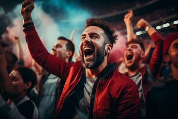 Sports fans celebrating excitedly in the stands of a stadium, night game, colored smoke flares. Generative AI