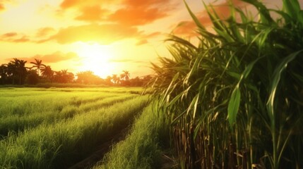 Agriculture Sugarcane field at sunset Sugar cane Ai Generative