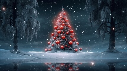 Christmas tree with red baubles and lights on a back Ai Generative