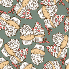 Tasty sweet cupcake dessert decorative seamless vector pattern for textile design, fabric print, digital or wrapping, wall paper, background and backdrop, bakery shop decoration, cafe, restaurant menu