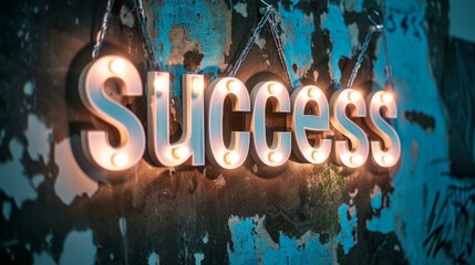 Accent Lighting Success concept creative horizontal art poster. Photorealistic textured word Success on artistic background. Horizontal Illustration. Ai Generated Achievement and Victory Symbol.