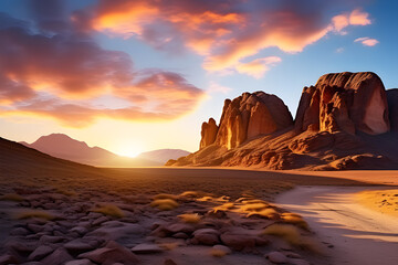 Golden Sunset and Fantastic Rock Mountain: A Beautiful View of the Al-Ula Desert generative ai 