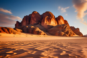 Fototapeta na wymiar Golden Sunset and Fantastic Rock Mountain: A Beautiful View of the Al-Ula Desert generative ai 