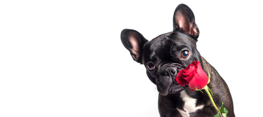 Valentine's Day,  Adorable French Bulldog with Red Rose on White Background - A Heartwarming Pet Dog Celebration Of Love. 